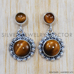 Tiger Eye 925 Sterling Silver Stud Earrings (SJWES-221)