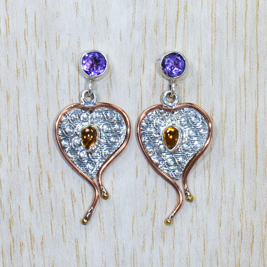 925 Sterling Silver And Brass Amethyst And Citrine Gemstone Stud Earring SJWES-229