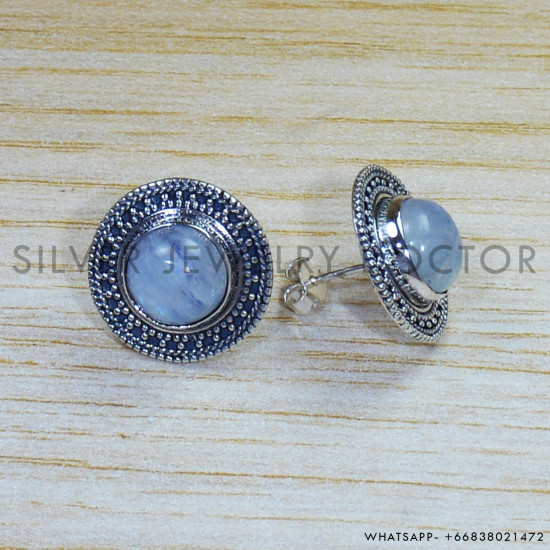 Rainbow Moonstone 925 Sterling Silver Stud Earrings (SJWES-232)