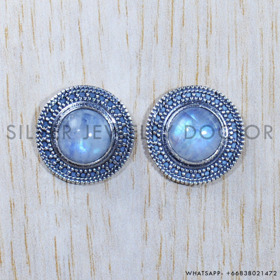 Rainbow Moonstone 925 Sterling Silver Stud Earrings (SJWES-232)