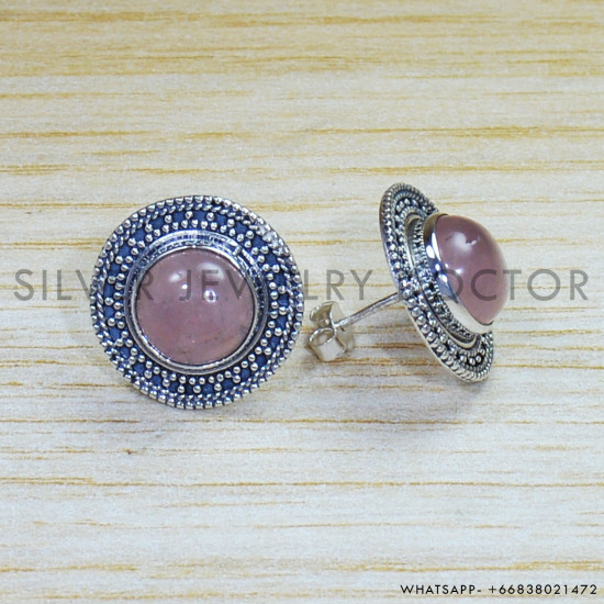 Rose Quartz 925 Sterling Silver Stud Earrings (SJWES-233)