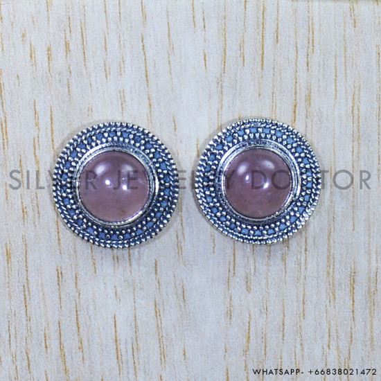 Rose Quartz 925 Sterling Silver Stud Earrings (SJWES-233)