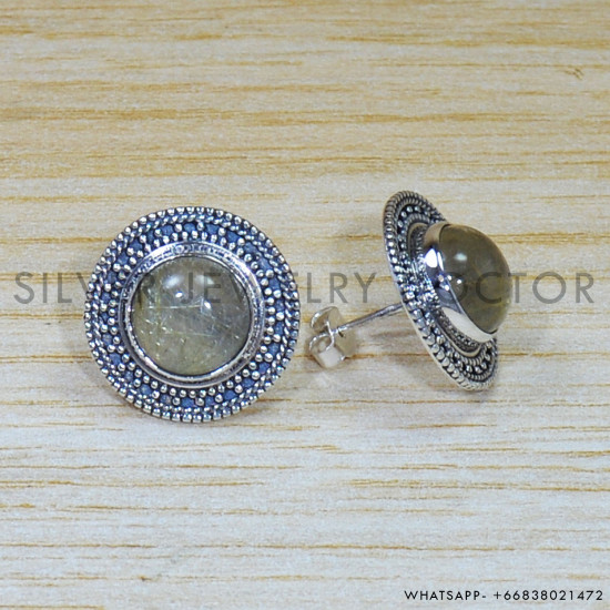 Golden Rutile 925 Sterling Silver Stud Earrings (SJWES-234)