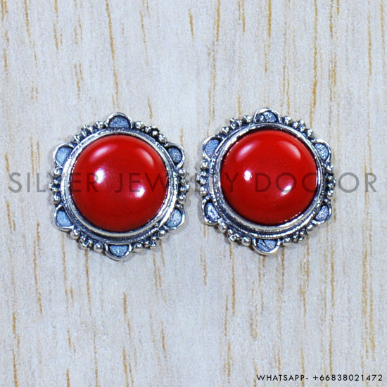 Coral 925 Sterling Silver Stud Earrings (SJWES-239)