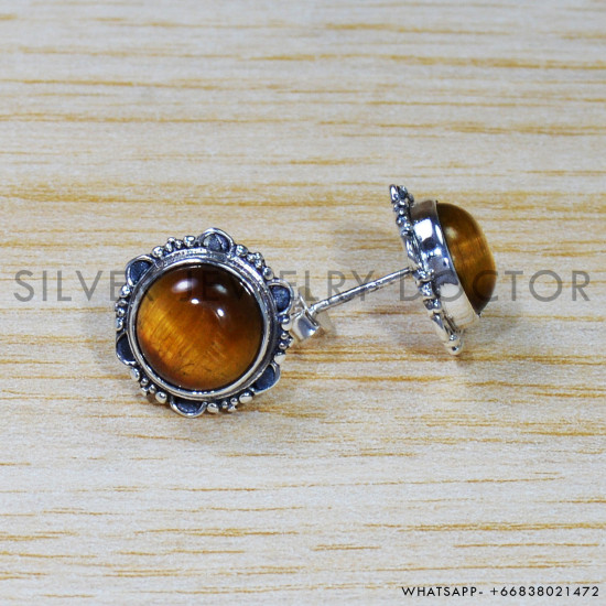 Tiger Eye 925 Sterling Silver Stud Earrings (SJWES-243)