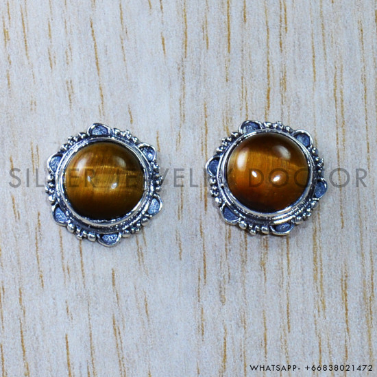 Tiger Eye 925 Sterling Silver Stud Earrings (SJWES-243)