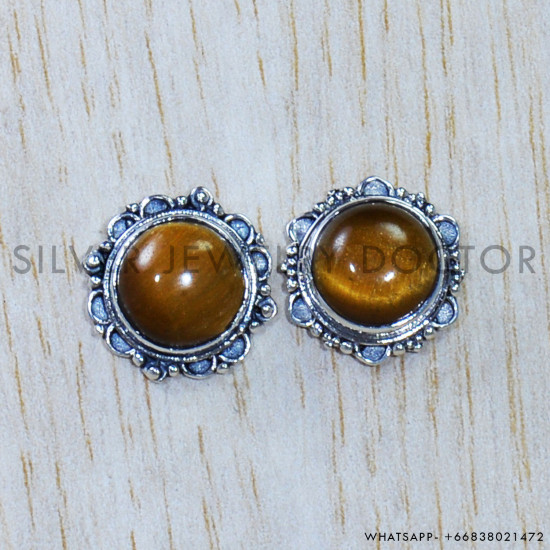 Tiger Eye 925 Sterling Silver Stud Earrings (SJWES-244)