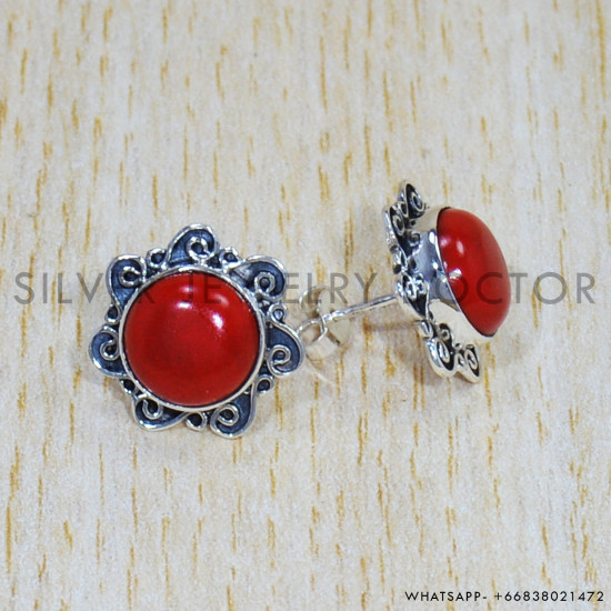 Semi Precious 925 Sterling Silver Jewelry Coral Gemstone Stud Earring SJWES-257