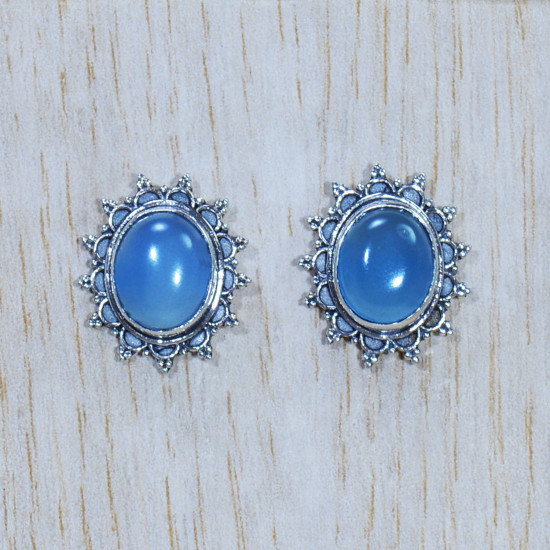 Blue Chacedony Gemstone 925 Sterling Silver Causal Wear Jewelry Stud Earring SJWES-267