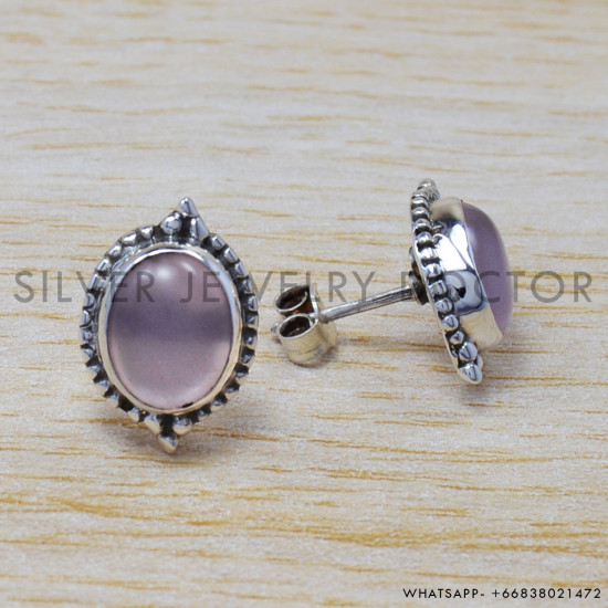 Rose Quartz 925 Sterling Silver Stud Earrings (SJWES-27)