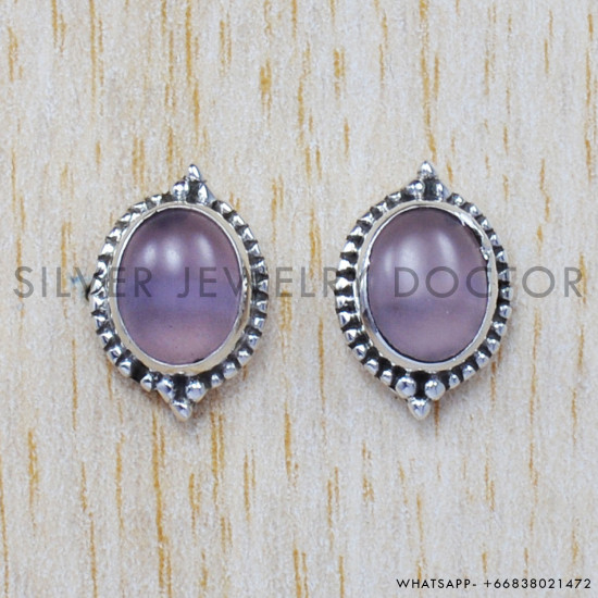 Rose Quartz 925 Sterling Silver Stud Earrings (SJWES-27)