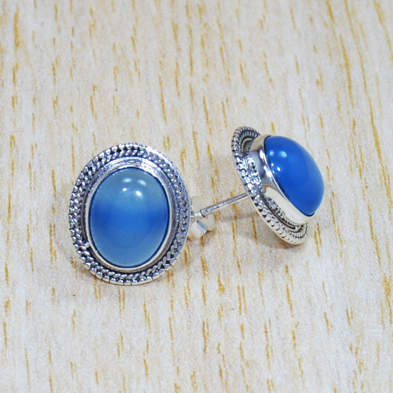 Anniversary Gift Jewelry Blue Chacedony Gemstone Silver 925 Fine Stud Earring SJWES-274