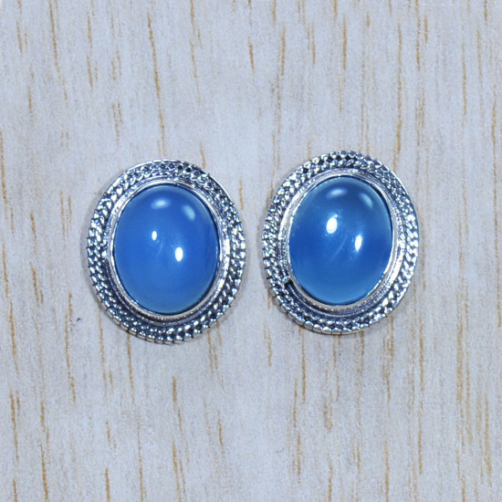 Anniversary Gift Jewelry Blue Chacedony Gemstone Silver 925 Fine Stud Earring SJWES-274