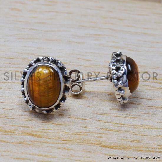 Tiger Eye 925 Sterling Silver Stud Earrings (SJWES-28) Tiger Eye 925 Sterling Silver Stud Earrings (SJWES-28)