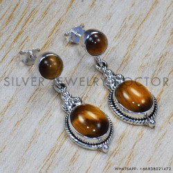 Tiger Eye 925 Sterling Silver Stud Earrings (SJWES-33)