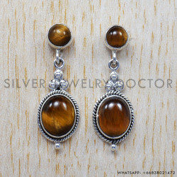 Tiger Eye 925 Sterling Silver Stud Earrings (SJWES-33)