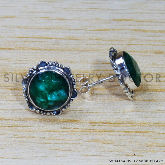 Emerald 925 Sterling Silver Stud Earrings (SJWES-381)