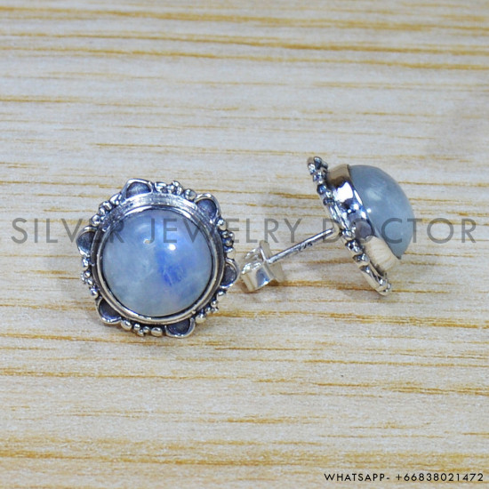 Rainbow Moonstone 925 Sterling Silver Stud Earrings (SJWES-383)