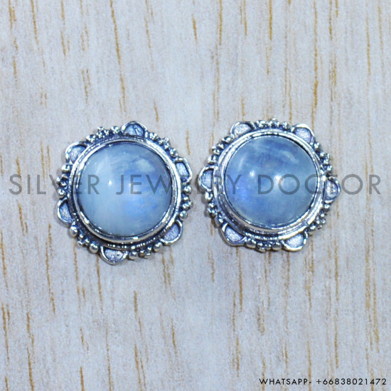 Rainbow Moonstone 925 Sterling Silver Stud Earrings (SJWES-383)