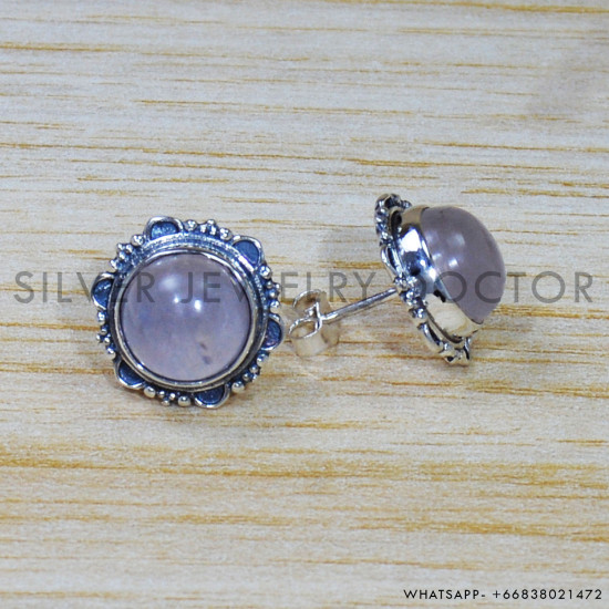 Rose Quartz 925 Sterling Silver Stud Earrings (SJWES-384)