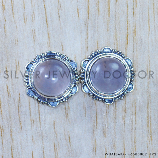 Rose Quartz 925 Sterling Silver Stud Earrings (SJWES-384)