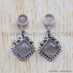 Rose Quartz 925 Sterling Silver Stud Earrings (SJWES-42)