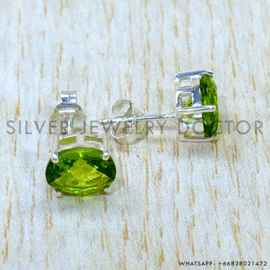 Peridot 925 Sterling Silver Stud Earrings (SJWES-501)