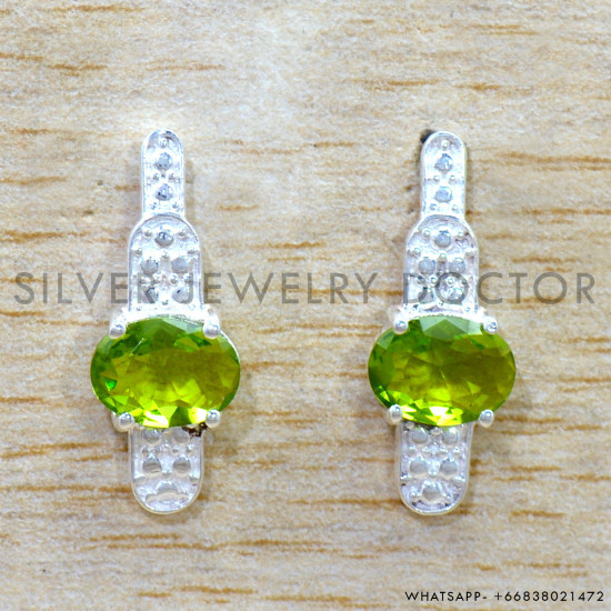Peridot 925 Sterling Silver Stud Earrings (SJWES-502)