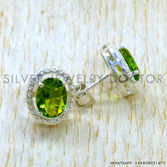 Peridot 925 Sterling Silver Stud Earrings (SJWES-507)
