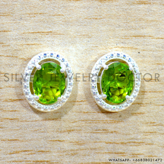 Peridot 925 Sterling Silver Stud Earrings (SJWES-507)