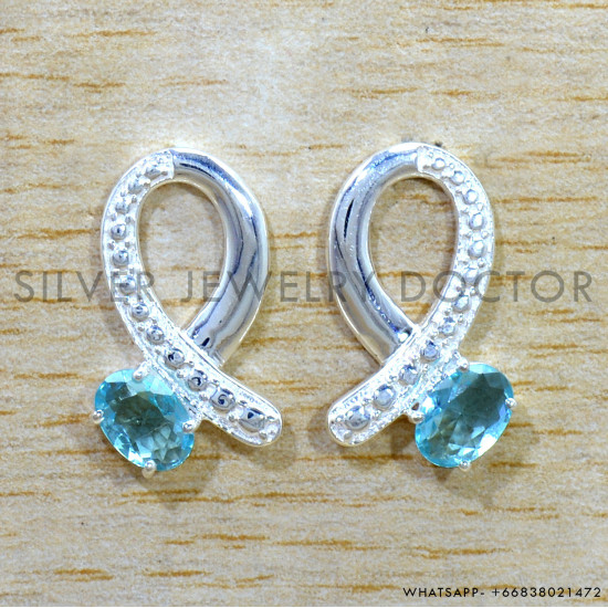 Blue Topaz 925 Sterling Silver Stud Earrings (SJWES-508)