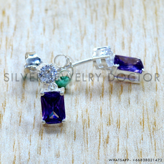 Amethyst And Crystal 925 Sterling Silver Stud Earrings (SJWES-510)