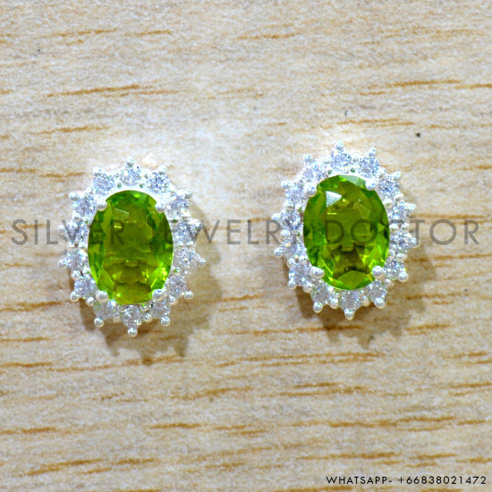 Peridot And Crystal 925 Sterling Silver Stud Earrings (SJWES-512)