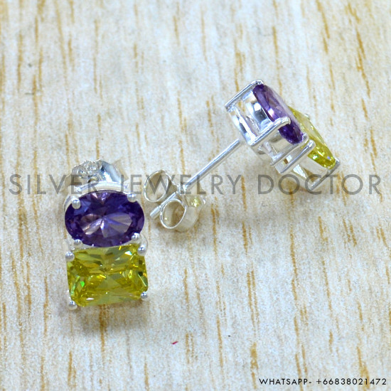 Amethyst And Citrine 925 Sterling Silver Stud Earrings (SJWES-513)