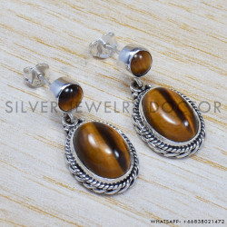 Tiger Eye 925 Sterling Silver Stud Earrings (SJWES-55)