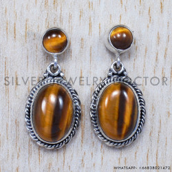 Tiger Eye 925 Sterling Silver Stud Earrings (SJWES-55)