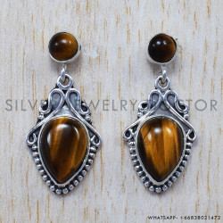 Tiger Eye 925 Sterling Silver Stud Earrings (SJWES-56)
