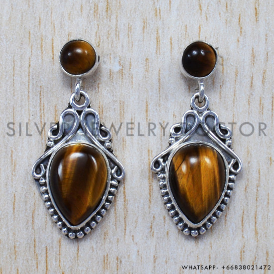 Tiger Eye 925 Sterling Silver Stud Earrings (SJWES-56) Tiger Eye 925 Sterling Silver Stud Earrings (SJWES-56)