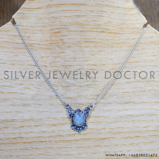 Rainbow Moonstone 925 Sterling Silver Necklace (SJWN-117) Rainbow Moonstone 925 Sterling Silver Necklace (SJWN-117)