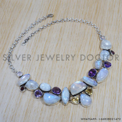 Rainbow Moonstone 925 Sterling Silver Necklace (SJWN-64) Rainbow Moonstone 925 Sterling Silver Necklace (SJWN-64)