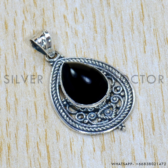 Black Onyx 925 Sterling Silver Pendant (SJWP-1024)