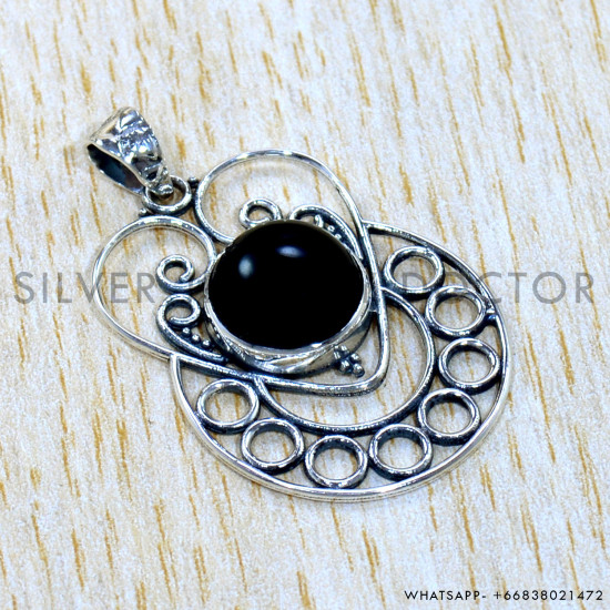 Black Onyx 925 Sterling Silver Pendant (SJWP-1094)