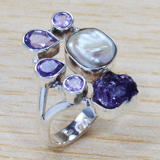 Authentic 925 Sterling Silver Pearl And Multi Gemstone Jewelry Ring SJWR-1309