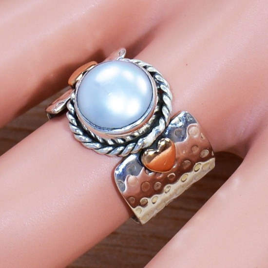 Magnificent 925 Sterling Silver And Brass Jewelry Pearl Gemstone Ring SJWR-1503