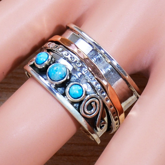 925 Sterling Silver And Brass Unique Jewelry Turquoise Gemstone Ring SJWR-1522