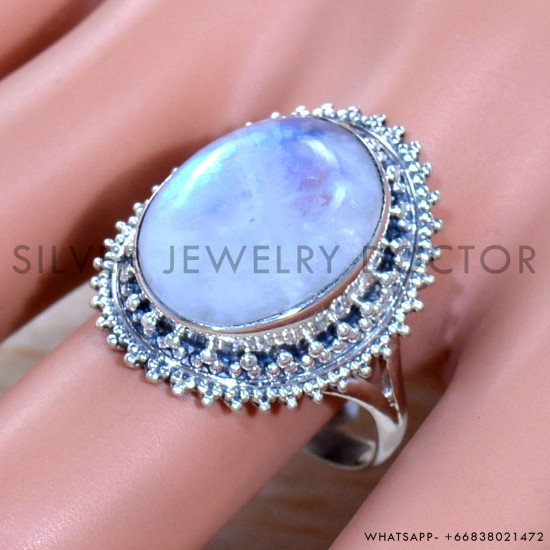 Rainbow Moonstone 925 Sterling Silver Ring (SJWR-1859)