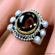 925 Real Sterling Silver And Brass Jewelry Smoky Quartz And Pearl Gemstone Ring SJWR-2614