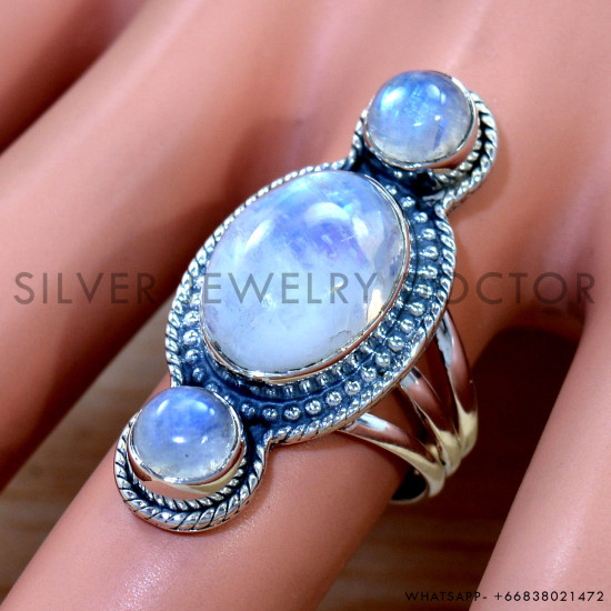 Rainbow Moonstone 925 Sterling Silver Ring (SJWR-3034)