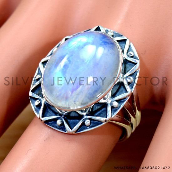 Rainbow Moonstone 925 Sterling Silver Ring (SJWR-3039)