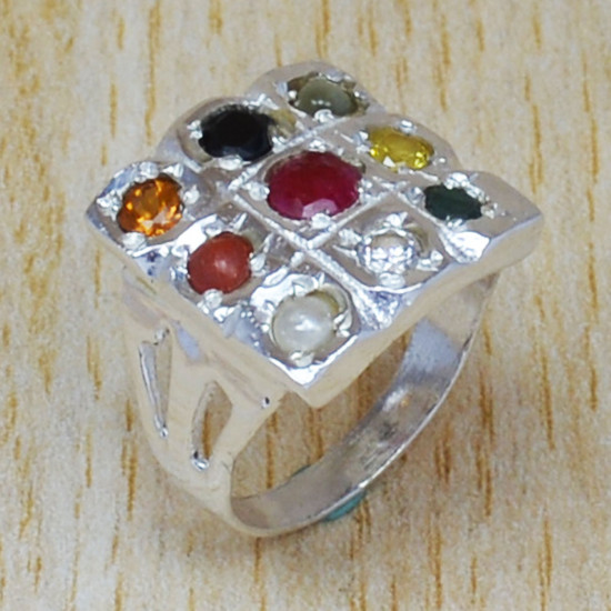 Anniversary Gift 925 Sterling Silver Indian Designer Navratana Jewelry Ring SJWR-438
